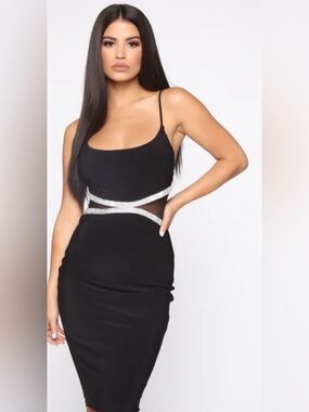 Fashion Nova Black Rhinestone Cutout Midi Dress – Spaghetti Strap Bodycon L